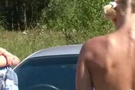 Hot outdoor russian foursome have sex on  car