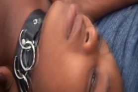 Busty African slut getting her throat and pussy fucked hard by two big black cocks
