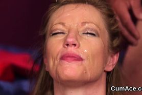 Feisty model gets cumshot on her face eating all the cum