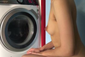 Skinny Asian Teen W Hairy Armpits & Dark Nipples Ignores You, Just Watches Washing Machine.