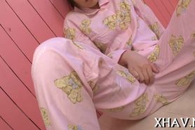 Cute Asian sits on large dildo