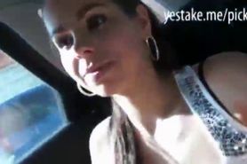Teen cutie sucks off dick in a taxicab and fucks in building