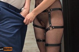 TEASER MILF fucked in fishnets bodysuit and leather harness
