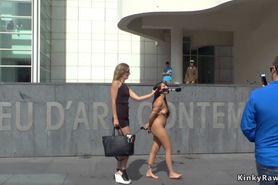 Petite brunette sucks big dick in public