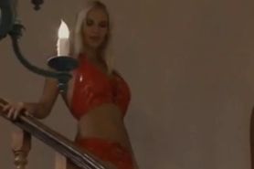Blonde lesbians fuck and lick on the stairs