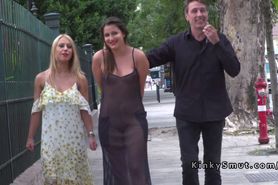 Hot slave in see through dress in public