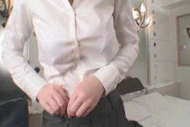 Japanese Woman Puts on a Grey Pants Color (Fetish)