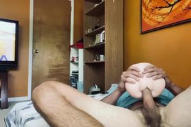 Blue shirt stud fucks tight fleshlight fake pussy and cums like an animal with moans (solo guy)