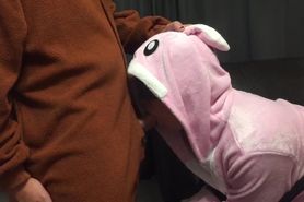 Bunny onesie gagging on dick tied up on couch