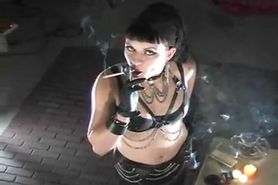 Gothic Dominatrix Ramona SMOKES a cigarette in BDSM LEATHER