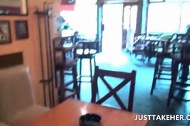 Blonde waitress banged on a restaurant table