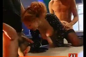 Redhead cowgirl eats cum from plate