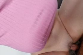 Naughty girl gets two creampies while showing her huge boobs out of her pink sweater