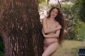 Dutch model beauty Joy Draiki gives an outdoor striptease for Playboy