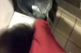Brunette has doggystyle fuck in a public restroom