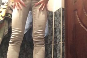 Eli Pees and Showers in Tight Grey Jeans & Socks