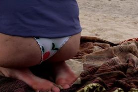 4K HD Wife In Rio Bikini Bottoms On Very Public Beach Pretending 2 Get Sand Off Her Shoes.