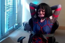 Crossdresser in D.Va bodysuit tied to a gaming chair (Part 3)