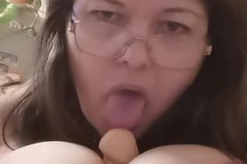 Fat mother has fun with toys, shows her big holes