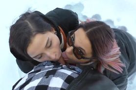Outdoor Threesome In The Snow - Two Hot Girls Warm Dick