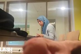 dickflash next to arab girl in library