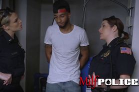 Criminal suspect gets fucked by a group of curvy milf cops