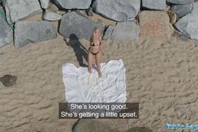 Public Agent skinny blonde Liz Rainbow fucked on the beach in a bikini