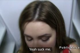 Brunette teen fucks huge cock in public