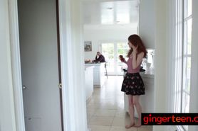 Hot teen ginger Abbey Rain gets fucked by bulky dude in her living room