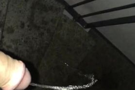 Messy pee in the public stairwell and playing with pissing dick