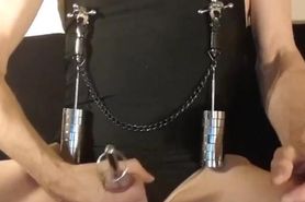 Kinky peehole fucking slut stretching nipples with weights