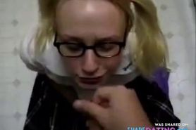Buck teeth schoolgirl in glasses begs for facial eats cum