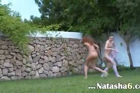 Russian chicks watersports in the grass