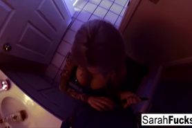 Pornstar Sarah Jessie gives a BJ in the bathroom - video 1