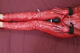 Bondage orgasm totally enclosed in red latex