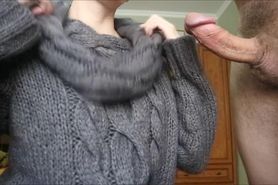 Handjob in chunky knit sweater with big cumshot on sweater