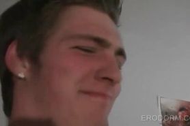 Dorm room coeds kissing and sucking fat dick in POV style