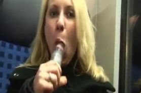 Amateur blonde masturbating and fucking in train