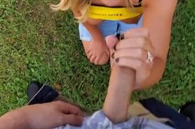 Sexy tan blonde surprises landscaper with a sloppy blowjob (cum in throat)