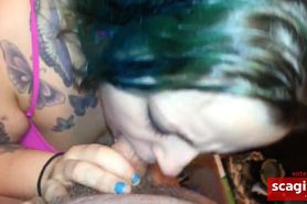 Blue haired babe deepthroats and swallows cum
