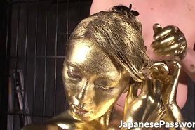 Strange japanese gold fetish with hot babe giving footjob