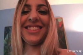 Blonde tempting latina touching her shaved hot pussy - video 1