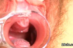 Cute sweetie is gaping narrow vagina in close up and climaxing