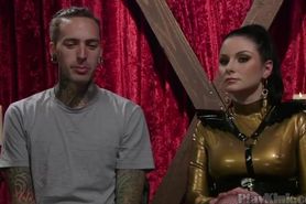 Tattooed slave anal fucked with strapon hardcore