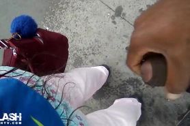 cum on woman at bus stop
