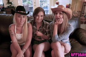 Three naughty teen farmgirls fucked a big cocked cowboy