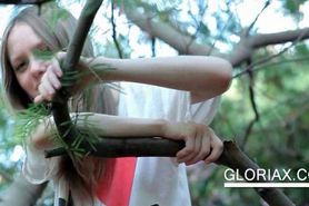 Cute teen Gloria rubbing body outdoors