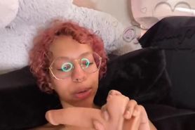 Sexy curly haired red bone fucking her throat