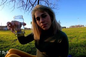 Drinking pee in public, risky through the streets of the city, countryside and gardens! 4k 60fr REAL