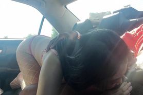 Asian bitch deepthroats cock for a ride to work.